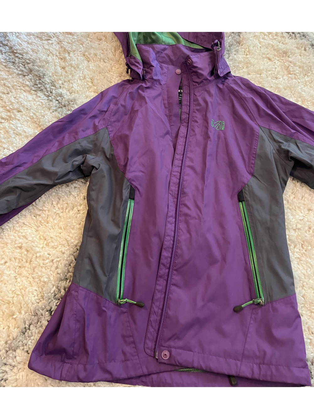 Women's Purple and Gray Waterproof Ski Jacket with Green Accents
